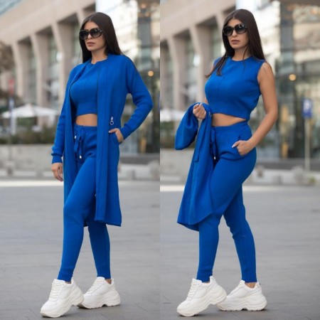 Compleu dama ieftin albastru compus din pantaloni lungi + maieu + cardigan lung